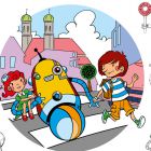 04 = Öffentlichkeitsarbeit Bayer. Staatsministerium / Entwürfe Kinder-Malbuch zur Verkehrserziehung / Kinder Illustration 04.Roboter-Malbuch